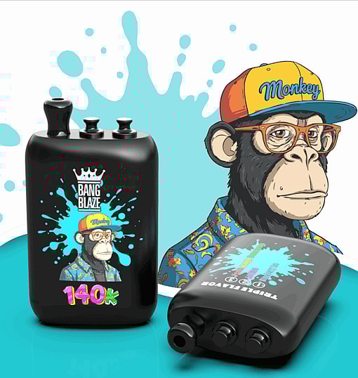 Black vape bottle featuring a cartoon monkey in a cap under a Bang Blaze logo with 140k text, beside another vape mod on a turquoise splash backdrop.