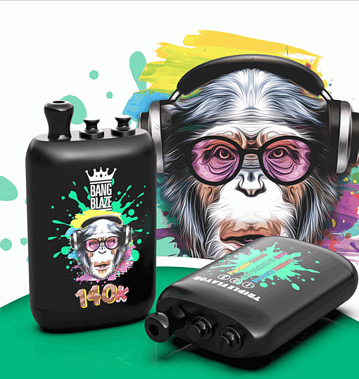 Graffiti-style black bottle mod with a blurred label beside a small black audio device; a person with headphones amid colorful splashes.