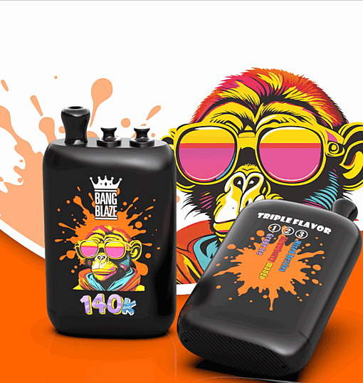 Two black vape pods with a colorful cartoon monkey wearing pink sunglasses; left shows Bang Blaze 140k, right lists flavors.