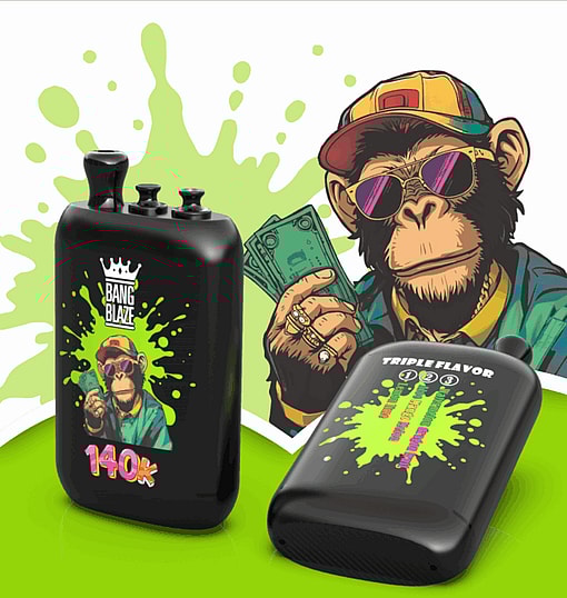 Two black vape cases with lime splashes and a cap-wearing, sunglassed monkey; one says Bang Blaze 140k, the other Triple Flavor