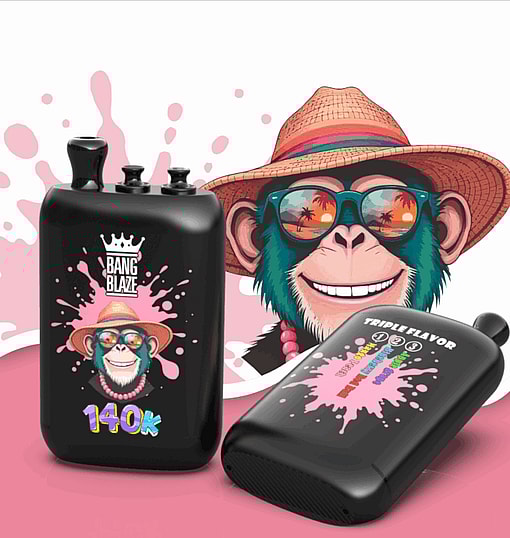 Two black bottles with pink splash graphics; left bottle shows a cartoon monkey in a straw hat and sunglasses with 140K text, while a gray blur overlays the foreground.