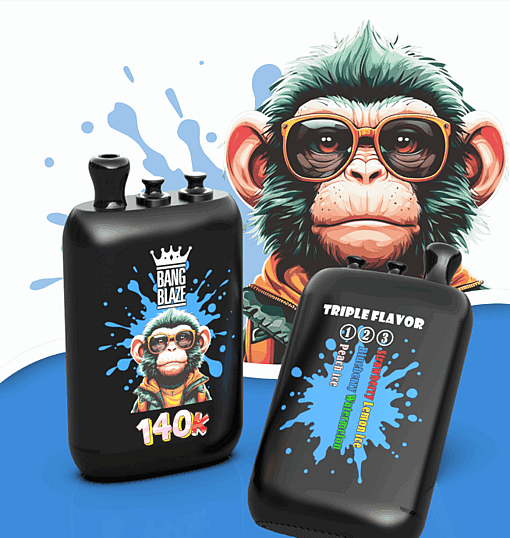 Two black vape bottles with a cartoon monkey logo on a blue splash background; one reads Bang Blaze 140K and the other says Triple Flavor with a flavor list.