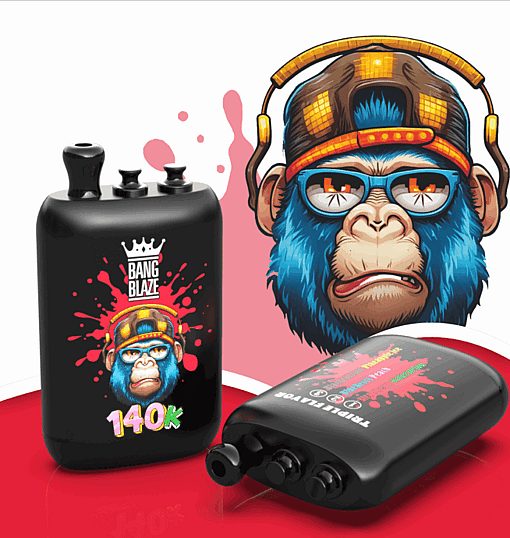 Two black Bang Blaze bottles with a cartoon face and 140K beside a blue monkey with a yellow headband on a pink splash background.