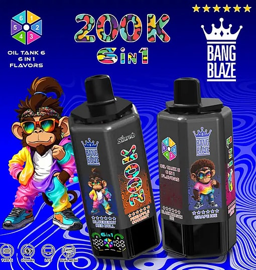 Two black vape devices on a blue swirl background with 200K 6 in 1 flavors text and Bang Blaze branding, plus a monkey.