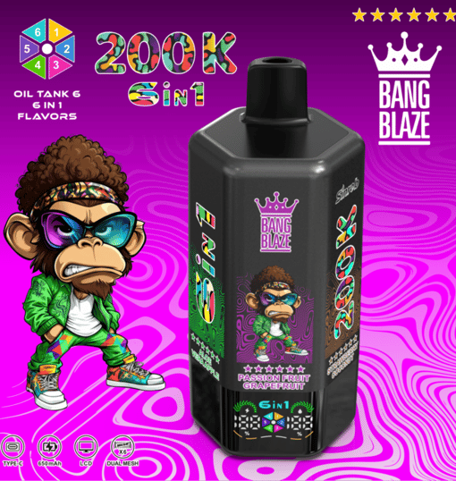 Purple patterned background with a black Bang Blazé bottle, crown logo, cartoon monkey, and Passion Fruit Grapefruit.