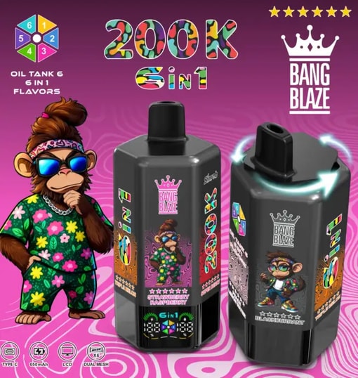 Bright Bang Blaze 200K 6-in-1 oil tank packaging with a colorful tropical monkey mascot and two black vape bottles.