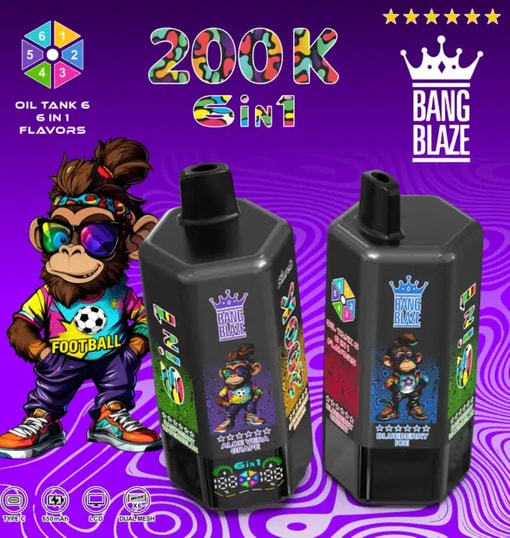 Two black Bang Blaze 6-in-1 oil vape bottles with colorful labels, a cartoon monkey in football gear, on purple background.
