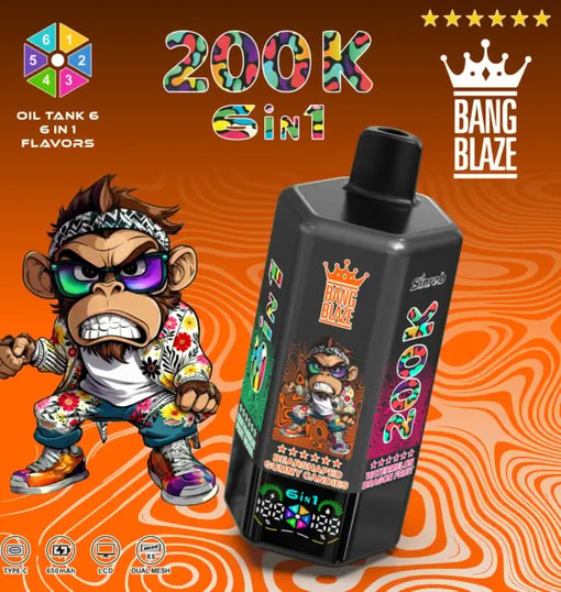Black Bang Blaze 200K 6in1 vape bottle on an orange swirl background, beside a cartoon monkey wearing a floral shirt with its face blurred.