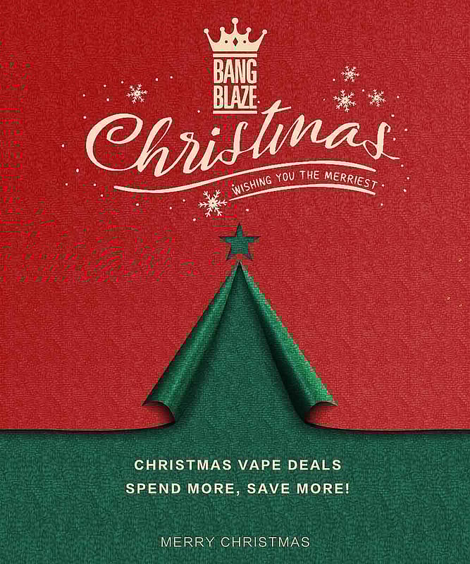 Christmas-themed advertisement with a stylized green Christmas tree on a split red and green background, featuring the text 'Bang Blaze Christmas wishing you the merriest' with snowflake accents and promotional message about Christmas vape deals and savings.