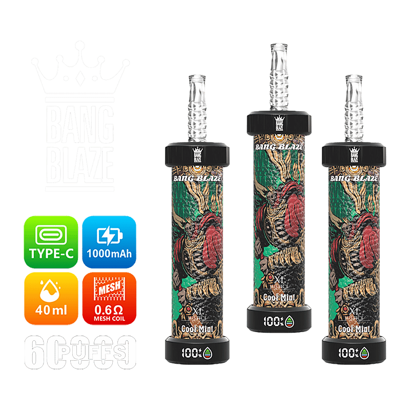 Tre dispositivi di svapo usa e getta Bang Blaze con un fresco aroma di menta e un'intricata grafica di personaggi sul corpo, accompagnati da icone che indicano la ricarica di tipo C, batteria da 1000 mAh, capacità di e-liquid da 40 ml, bobina a rete da 0,6 ohm e circa 6000 tiri.