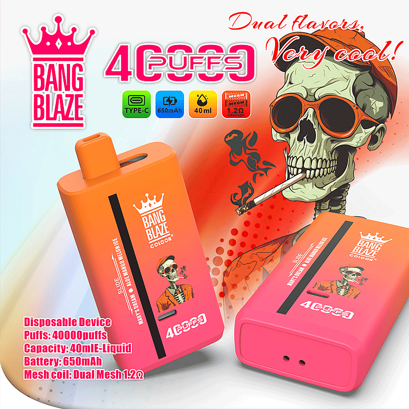 Dos dispositivos de vapeo desechables con degradado de color naranja-rosa de la marca Bang Blaze, que presentan un esqueleto con gafas de sol naranjas y una gorra fumando, con especificaciones de capacidad de 40 ml de e-líquido, batería de 650 mAh, carga tipo C y bobina de malla dual de 1.2 Ω, que promueve 40.000 bocanadas y sabores duales.