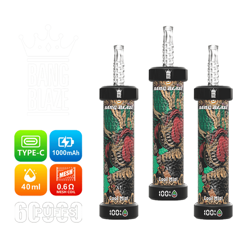 Three Bang Blaze disposable vape devices with cool mint flavor and intricate character artwork on the body, accompanied by icons indicating Type-C charging, 1000mAh battery, 40ml e-liquid capacity, 0.6 ohm mesh coil, and approximately 6000 puffs.