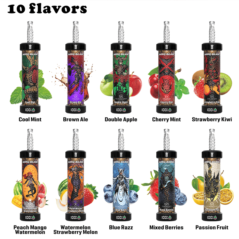 Ten Bang Blaze vape cartridges each labeled with a flavor and accompanied by corresponding fruit or mint images: Cool Mint, Brown Ale, Double Apple, Cherry Mint, Strawberry Kiwi, Peach Mango Watermelon, Watermelon Strawberry Melon, Blue Razz, Mixed Berries, and Passion Fruit.
