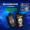 Two black disposable vape devices labeled BANGKING TWINS with colorful skull design on one and flavors "Cola Lemon" and "Strawberry Sweets" on the other, advertising 50,000 puffs on a blue gradient background with icons showing Type-C charging, 650 mAh battery, 28x2 ml liquid capacity, and 1.0 ohm dual mesh coils.
