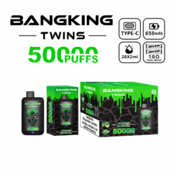 Bangking Twins disposable vape packaging and device featuring a black and green design with a skull image, highlights 50,000 puffs, type-C charging, 650mAh battery, 28x2ml e-liquid capacity, and 1.0 ohm dual mesh coils with 3% aloe vera.