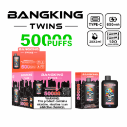 Bangking Twins vape device and packaging featuring a skull with colorful face paint, advertising 5000 puffs, type-C charging, 650mAh battery, 28x2ml e-liquid capacity, dual mesh coil 1.0 ohm, with flavors Juice Peach Ice and Strawberry Mango, and a nicotine warning label