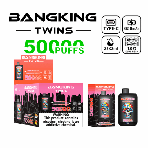 Bangking Twins vape device and packaging featuring a skull with colorful face paint, advertising 5000 puffs, type-C charging, 650mAh battery, 28x2ml e-liquid capacity, dual mesh coil 1.0 ohm, with flavors Juice Peach Ice and Strawberry Mango, and a nicotine warning label