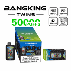 Bangking Twins vaping device packaging and two vaping devices, highlighting features like 5000 puffs, Type-C charging, 650 mAh battery, 28x2 ml capacity, and dual mesh 1.0 ohm coils