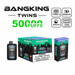 BANGKING TWINS disposable vape packaging and device, featuring 50000 puffs capacity, Type-C charging, 650 mAh battery, 28 ml e-liquid (2x14 ml), and 1.0 ohm dual mesh coil, with a warning about nicotine addiction.