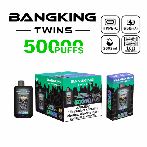 BANGKING TWINS disposable vape packaging and device, featuring 50000 puffs capacity, Type-C charging, 650 mAh battery, 28 ml e-liquid (2x14 ml), and 1.0 ohm dual mesh coil, with a warning about nicotine addiction.