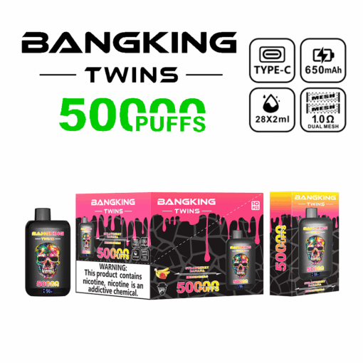 Bangking Twins disposable vape packaging and device with colorful skull design, advertising 50000 puffs, Type-C charging, 650mAh battery, 28ml e-liquid capacity, and 1.0 ohm dual mesh coil, with nicotine warning label.