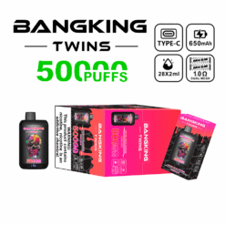 Bangking Twins vaping device with 5000 puffs capacity, featuring a colorful skull design on a black background, packaged with specifications including Type-C charging, 650mAh battery, 28x2ml liquid capacity, and 1.0 ohm dual mesh coil.
