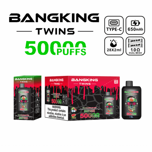 BANGKING TWINS 5000 PUFFS disposable vape device with Type-C charging, 650mAh battery, 28x2ml e-liquid, 1.0 ohm dual mesh coil, featuring a black bottle with colorful skull design and watermelon strawberry flavor packaging.
