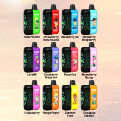 Zwölf bunte Einweg-Vaporizer in drei Reihen, jeder mit einem einzigartigen Cartoon-Tiermotiv und Geschmacksbezeichnungen, darunter Wassermelone, Erdbeer-Wassermelone, Blaubeereis, Blaubeer-Himbeere, Love66, Cranberry-Traubeneis, Pfirsicheis, Erdbeer-Mango, Dreifache Beere, Mango-Pfirsich, Sommerzeit und Ananas-Kokosnuss, jeweils mit der Aufschrift „50000“ Züge und „Starry“.