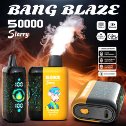 Drei BANG BLAZE 50000 Starry Vape-Geräte, eines schwarz mit blau leuchtender Flamme und numerischer Anzeige, eines gelb und schwarz mit einer Cartoon-Illustration eines Ananas-Kokosnuss-Affen und eines, das die Unterseite mit einem Druckschalter und einem Typ-C-Ladeanschluss zeigt, alle vor einem rauchig-feurigen Hintergrund mit Text, der Funktionen wie Typ-C, 550 mAh, Dual Mesh, NPU im Inneren, drei Modusoptionen und Schnellladung beschreibt.