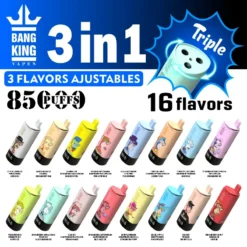 Promotional image featuring Bang King Vapen disposable vape devices, highlighting '3 in 1' with '3 flavors adjustable' and 'Triple' flavor options, supporting 850 puffs and 16 flavors; shows two rows of colorful vape devices each with distinct cartoon character designs and flavor names such as Ice Tea Lemonice, Watermelon Ice, Lemonlime, Strawberry Banana, Blue Razz Cherry, Tropical Fruit, Pineapple Coconut, Strawberry Watermelon, Mixed Berries Mango Peach, Strawberry Vanilla Coke, Lychee, Strawberry Watermelon Blue Razz Ice, Berry Lemon Ice, Double Apple, Cola Ice, and Strawberry Donut Banana Ice Love Ice.