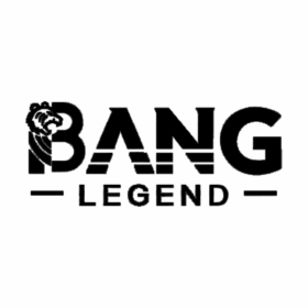 太字のブロック体で「BANG」という文字、その左側にライオンの頭をあしらった「B」、その下に小さめの大文字で「LEGEND」という文字が書かれ、その両側に短い横線が引かれたロゴ。
