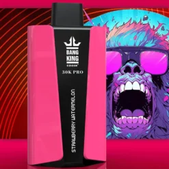 ピンクとブラックのバンキングカラー30Kプロvapingデバイスは、背景に紫色のサングラスのイラストを着たカラフルなro音のゴリラを備えたストロベリースイカとラベル付けされています。