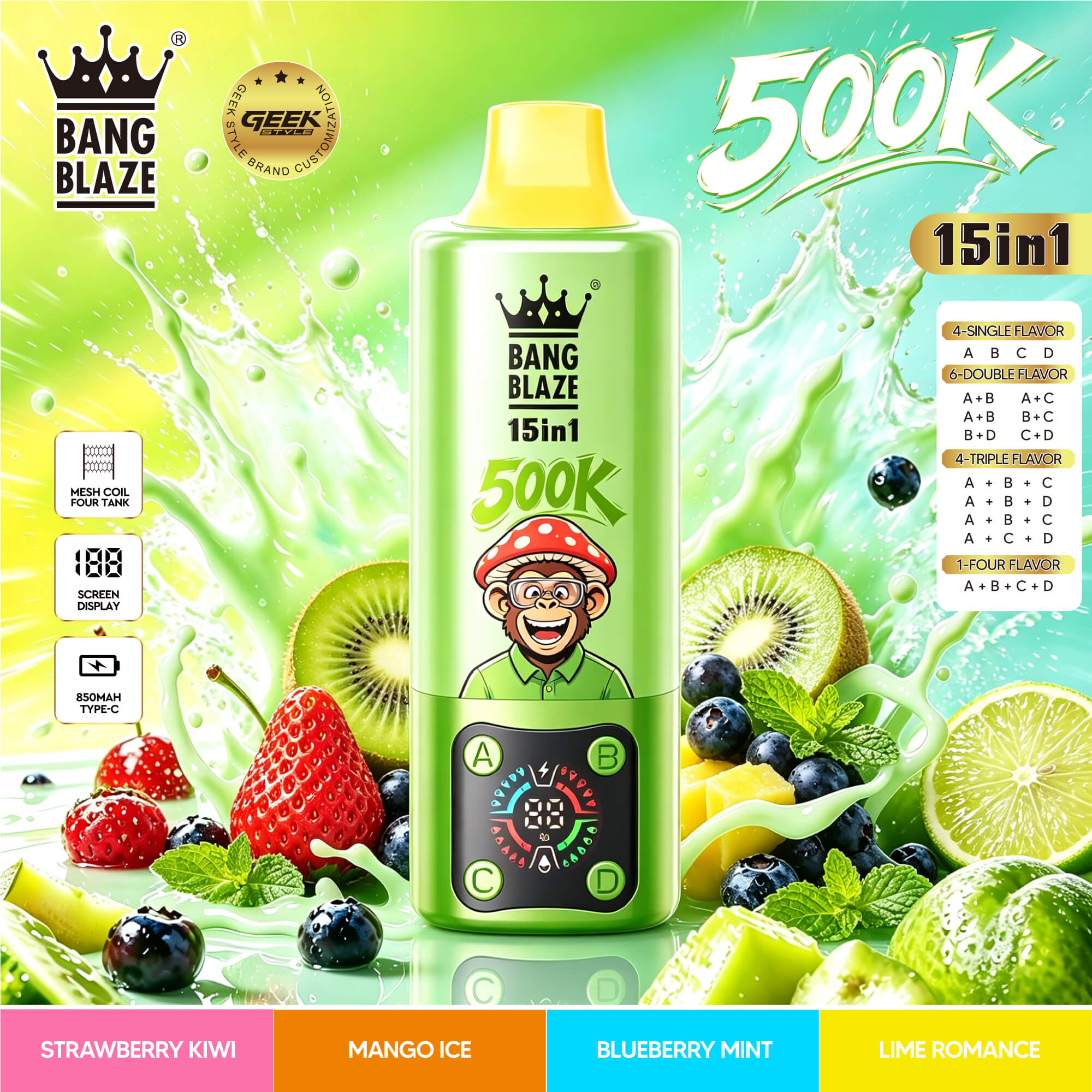 Bang Blaze 500000 500K Puffs Vape | 0%/2%/3%/5% Nicotine | 15-in-1 Flavor Four-Tank Button Control LED Display Disposable Vape