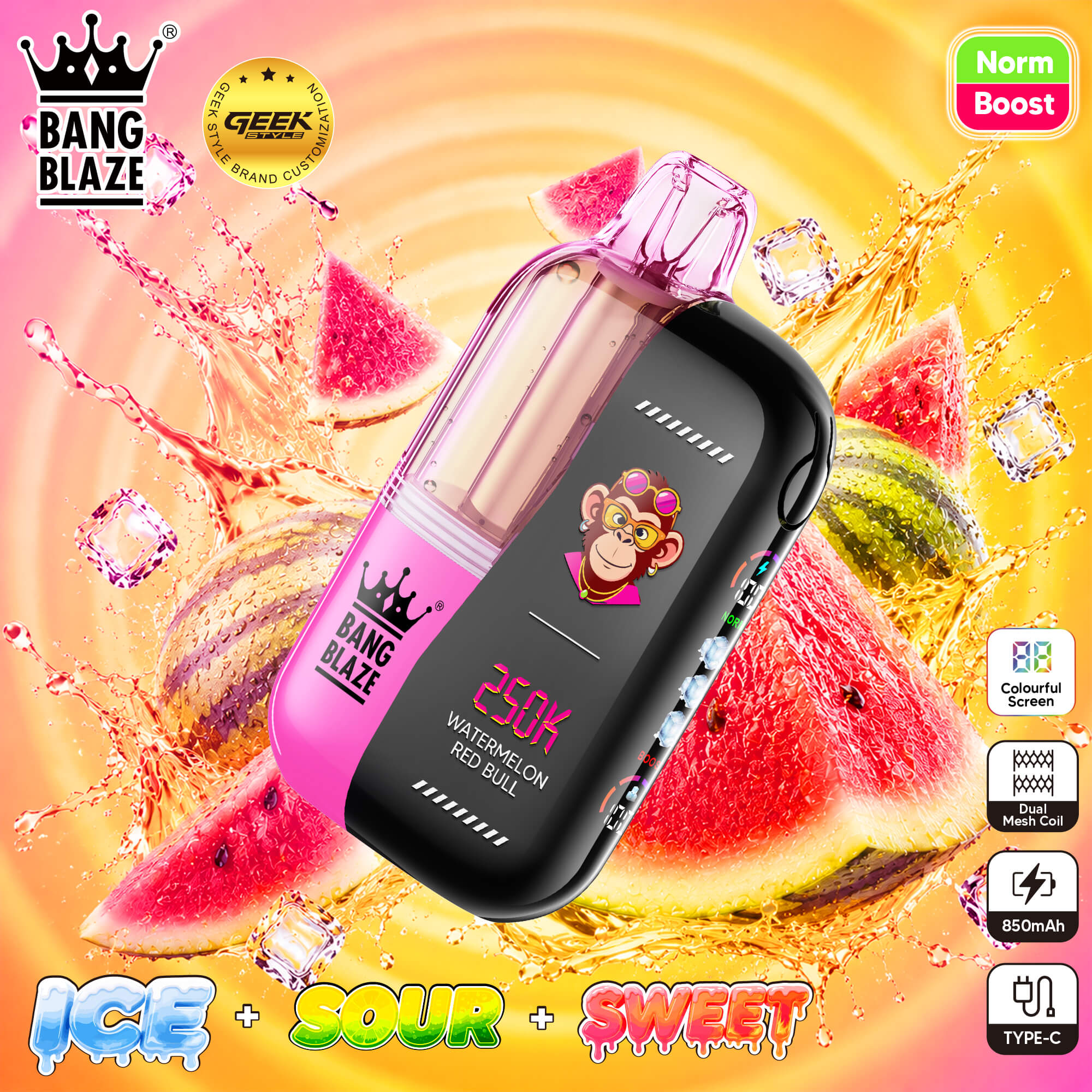 Bang Blaze 250000 250K Puffs | 0%/2%/3%/5% Nicotine | Dual Output Modes 1.0Ω Dual Mesh Smart Colorful Screen Disposable Vape